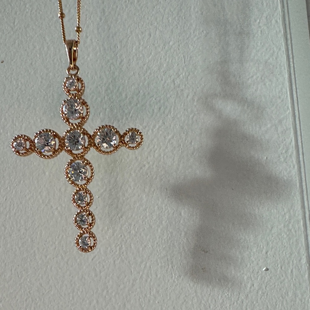 Gothic Tudor Cross Necklace 16” Gold Filled Chain